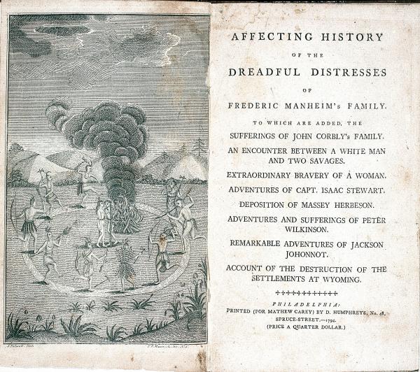 Engraving and title page, Affecting History of the Dreadful Distresses of Frederic Manheim's Family, 1794 